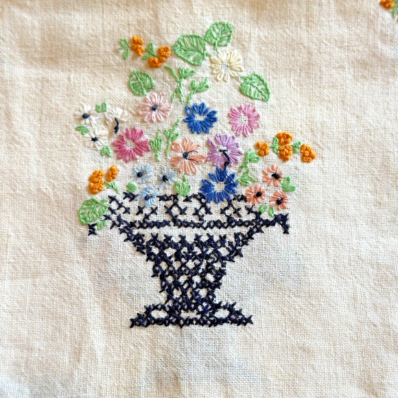 Vintage Flower Embroidered Dresser Vanity Table Scarf Linen Crochet Trim READ - Picture 4 of 9